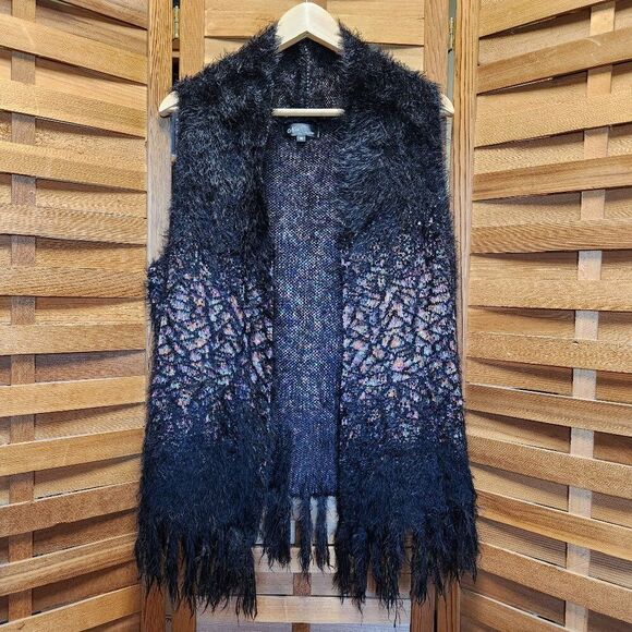 Nicole Sabbattini Jackets & Blazers - Nicole Sabbattini Black and Multi-Colored Open Front Vest Women M Polyamide